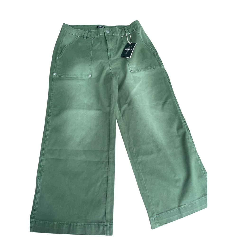 Flamingals Womens XL Sage Green Wide Leg Utility Carpenter Capri pants NEW